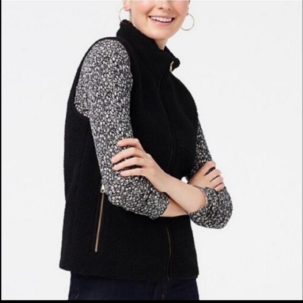 J. Crew Womens Sherpa Vest Gold Zippers Teddy Bear Comfy Jacket Preppy Chic